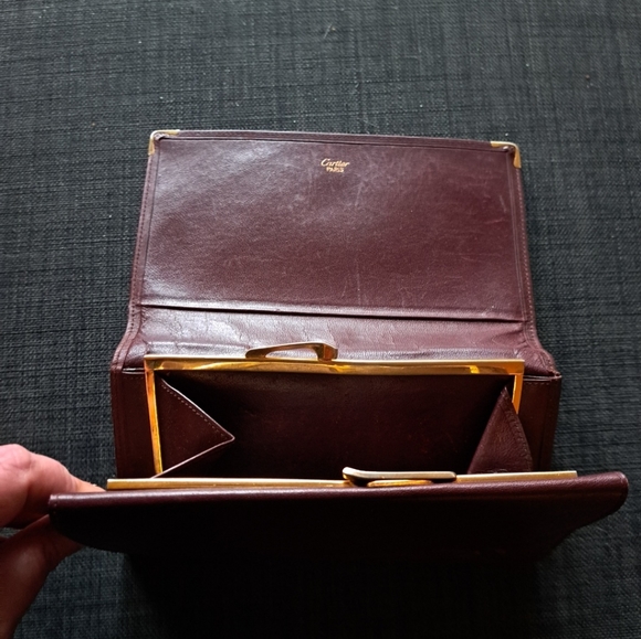 CARTIER Wallet Clutch Leather Red Burgundy  Kisslock Collection - Picture 3 of 4
